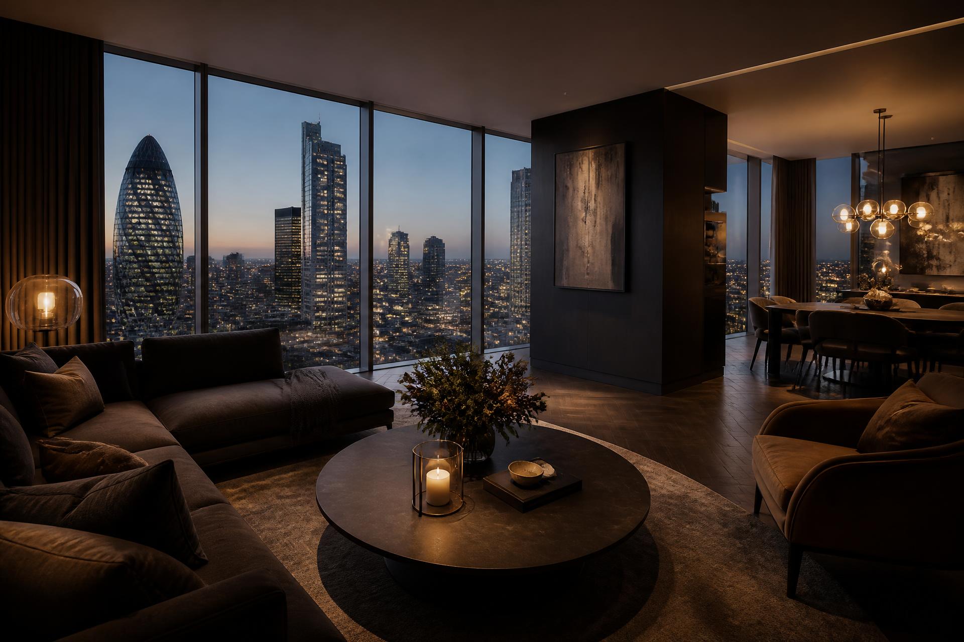 Luxury London apartment interior at dusk